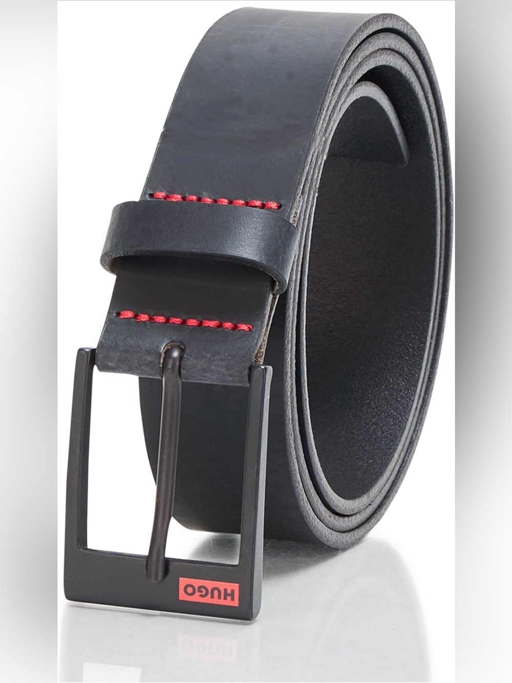 HUGO Gaben Black Leather Belt with Red Stitching